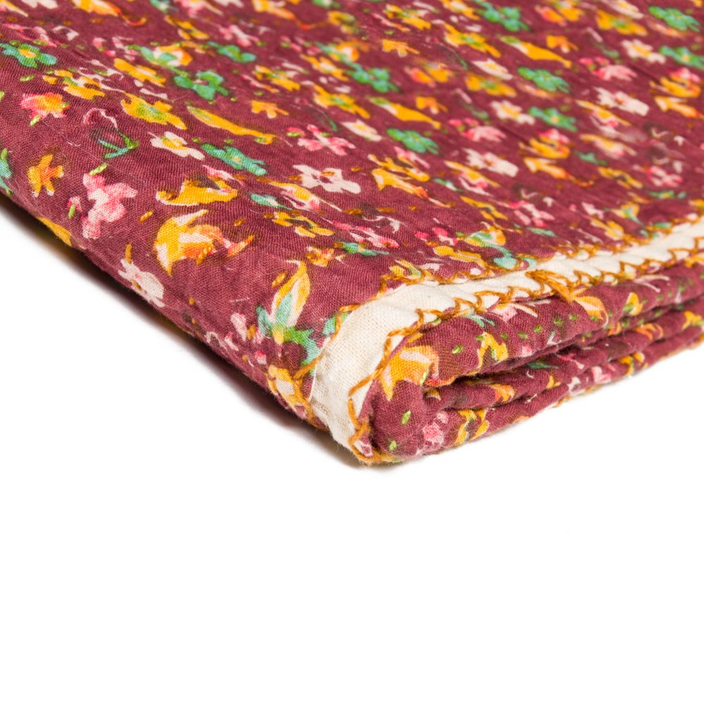 50" X 70" Maroon Yellow and Green Kantha Cotton Floral Throw Blanket with Embroidery HomeRoots