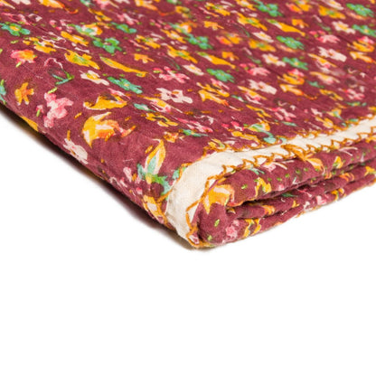 50" X 70" Maroon Yellow and Green Kantha Cotton Floral Throw Blanket with Embroidery HomeRoots