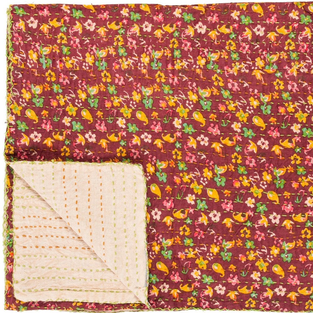 50" X 70" Orange Blue and Yellow Cotton Kantha Patchwork with Embroidery HomeRoots