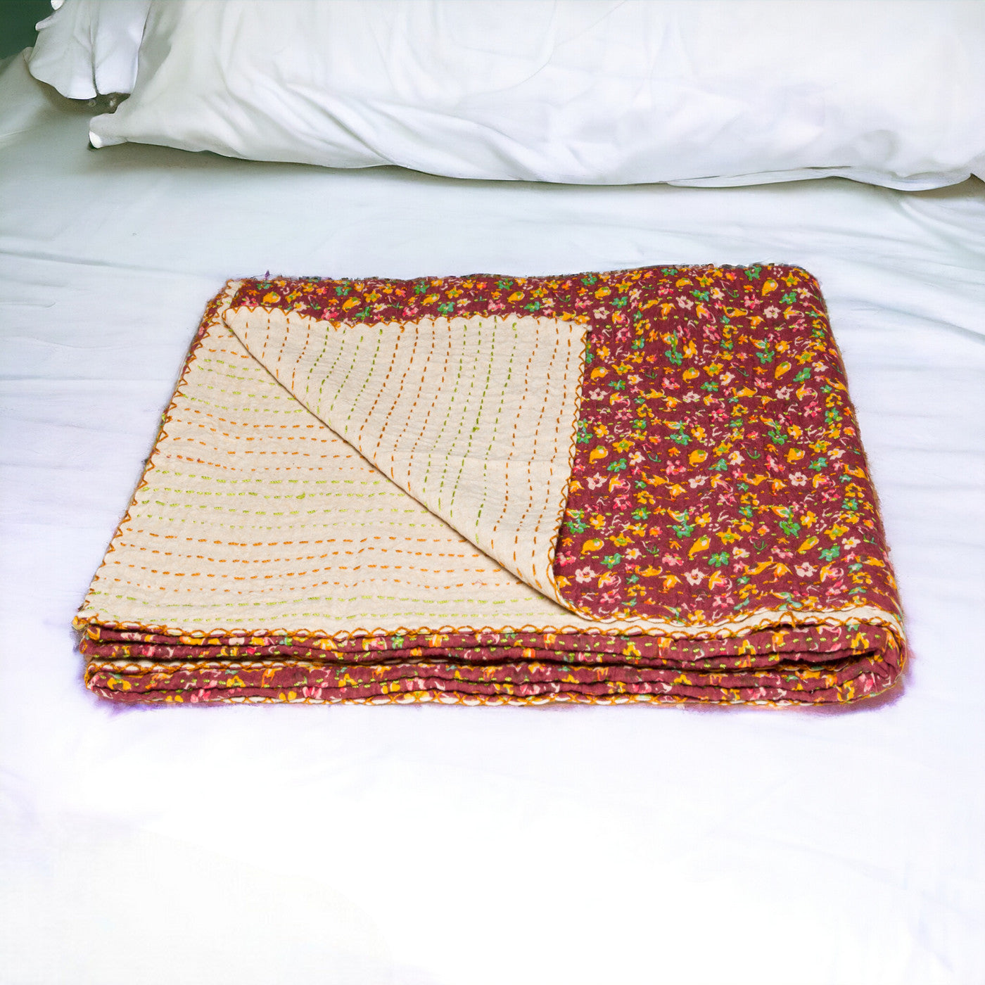 70" X 50" Beige Pink Orange and Green Kantha Cotton Floral Throw Blanket with Embroidery