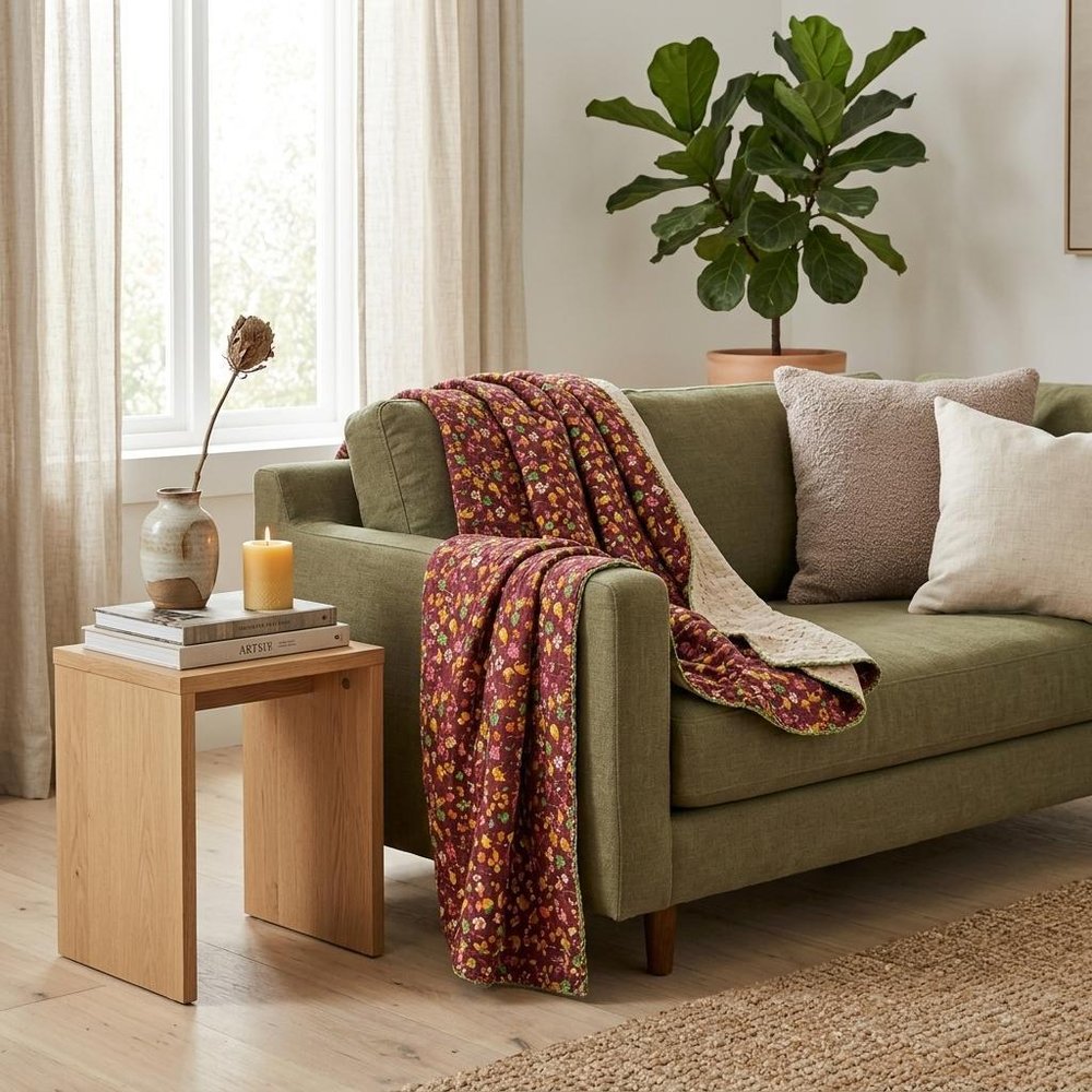 50" X 70" Maroon Yellow and Green Kantha Cotton Floral Throw Blanket with Embroidery HomeRoots