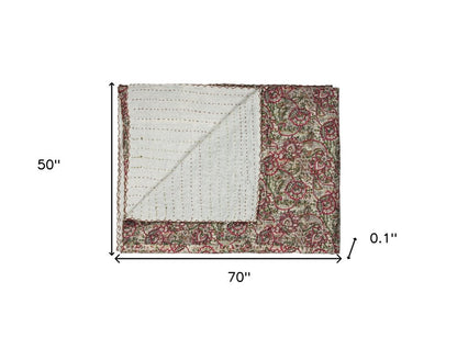 50" X 70" Pink Gray and Blue Kantha Cotton Floral Throw Blanket with Embroidery HomeRoots