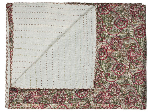 50" X 70" Green and Red Kantha Cotton Damask Throw Blanket with Embroidery HomeRoots