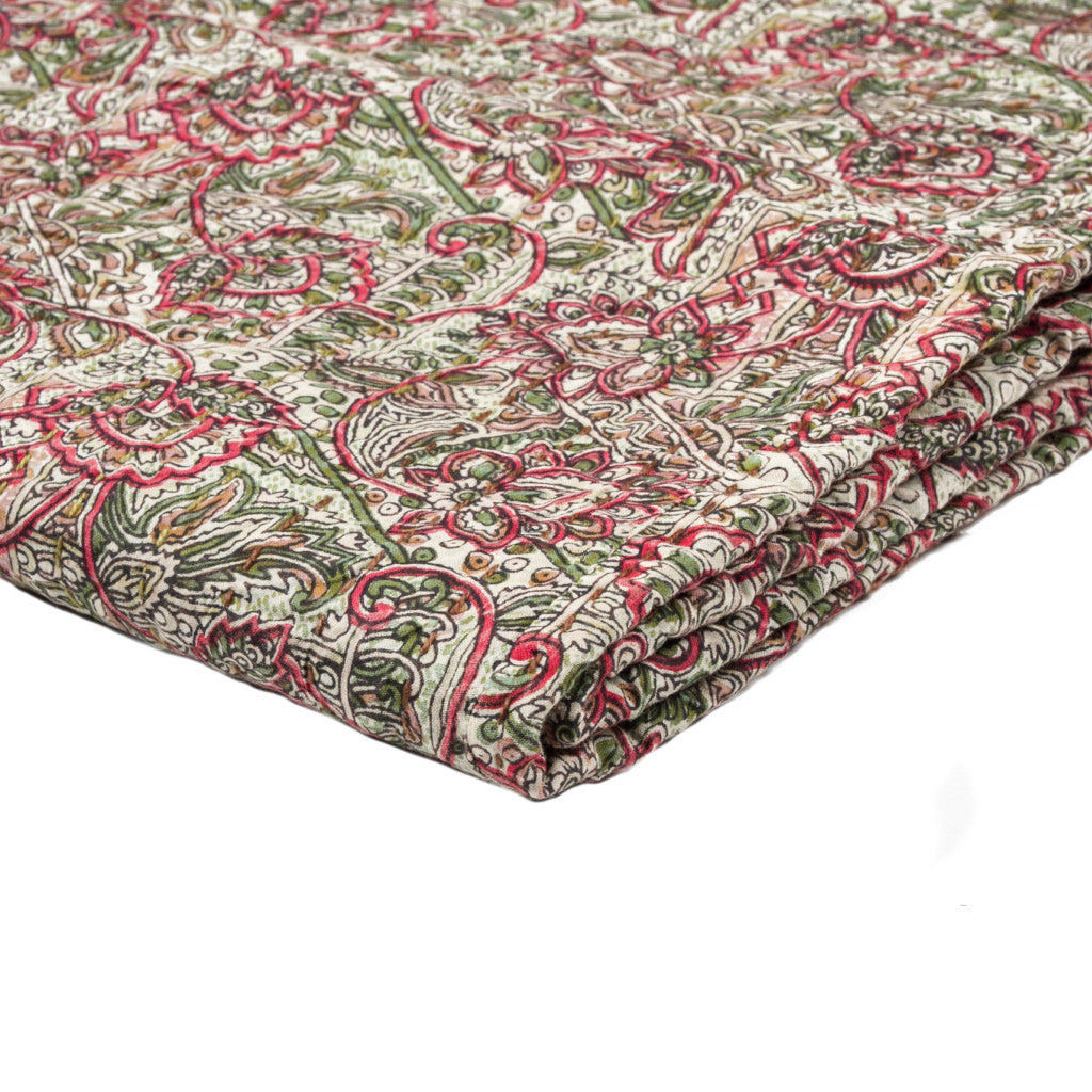 70" X 50" Beige Pink Orange and Green Kantha Cotton Floral Throw Blanket with Embroidery