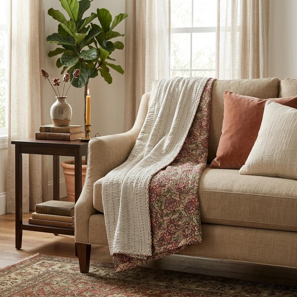 50" X 70" Pink Gray and Blue Kantha Cotton Floral Throw Blanket with Embroidery HomeRoots