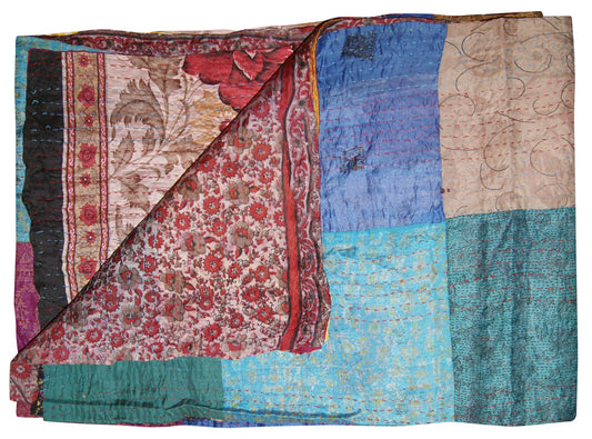 60" X 90" Blue Brown and Green Kantha Cotton Patchwork Throw Blanket with Embroidery