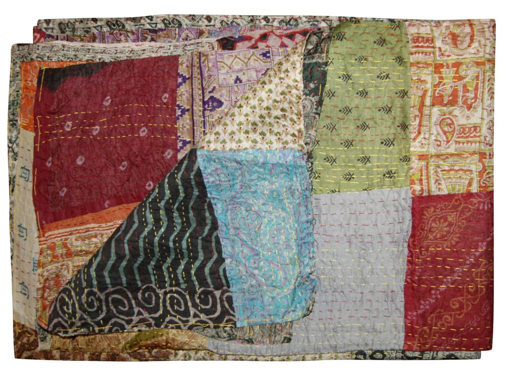 60" X 90" Blue Black and Brown Kantha Cotton Patchwork Throw Blanket with Embroidery — view 1