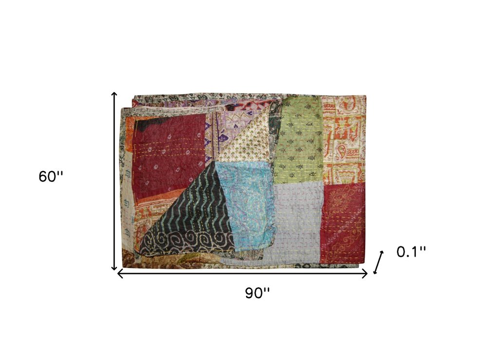 60" X 90" Blue Black and Brown Kantha Cotton Patchwork Throw Blanket with Embroidery HomeRoots
