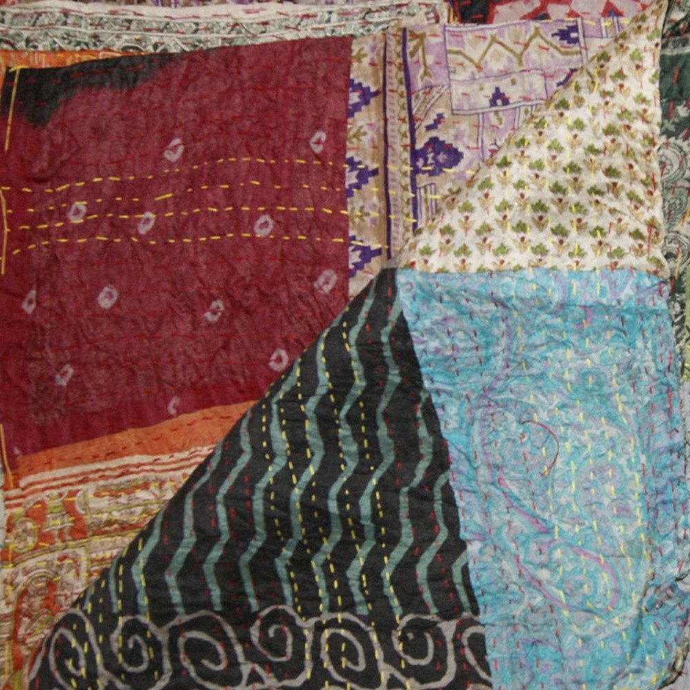60" X 90" Blue Black and Brown Kantha Cotton Patchwork Throw Blanket with Embroidery — view 2