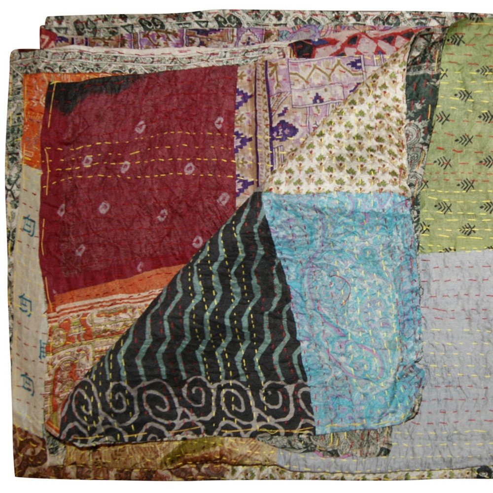 60" X 90" Blue Black and Brown Kantha Cotton Patchwork Throw Blanket with Embroidery HomeRoots