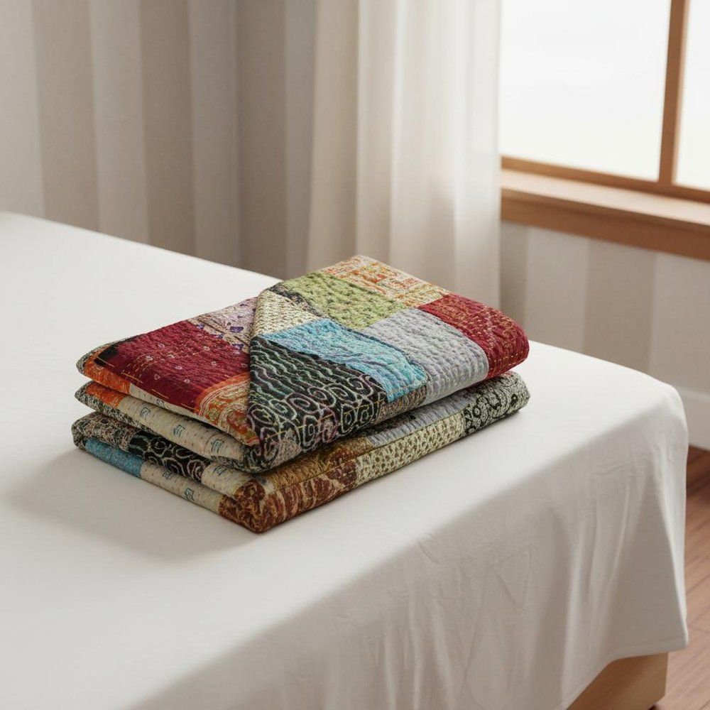 60" X 90" Blue Black and Brown Kantha Cotton Patchwork Throw Blanket with Embroidery HomeRoots