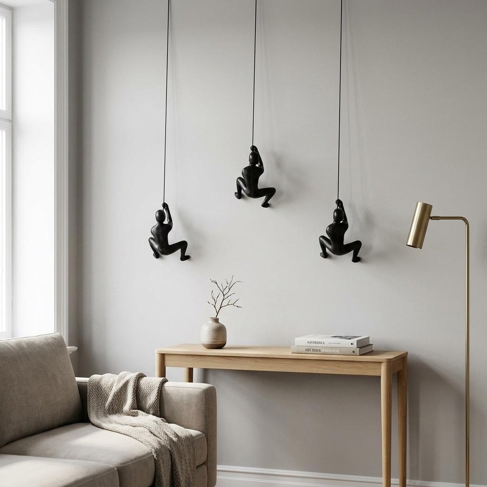 Set of Three Black Resin Climbing Man Hanging Dimensional Sculpture — view 4