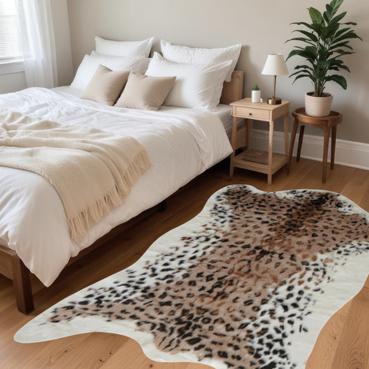 4' X 5' Ivory Black and Brown Faux Fur Leopard Print Area Rug - 96.0" (L) x 132.0" (W) x 0.39" (H)