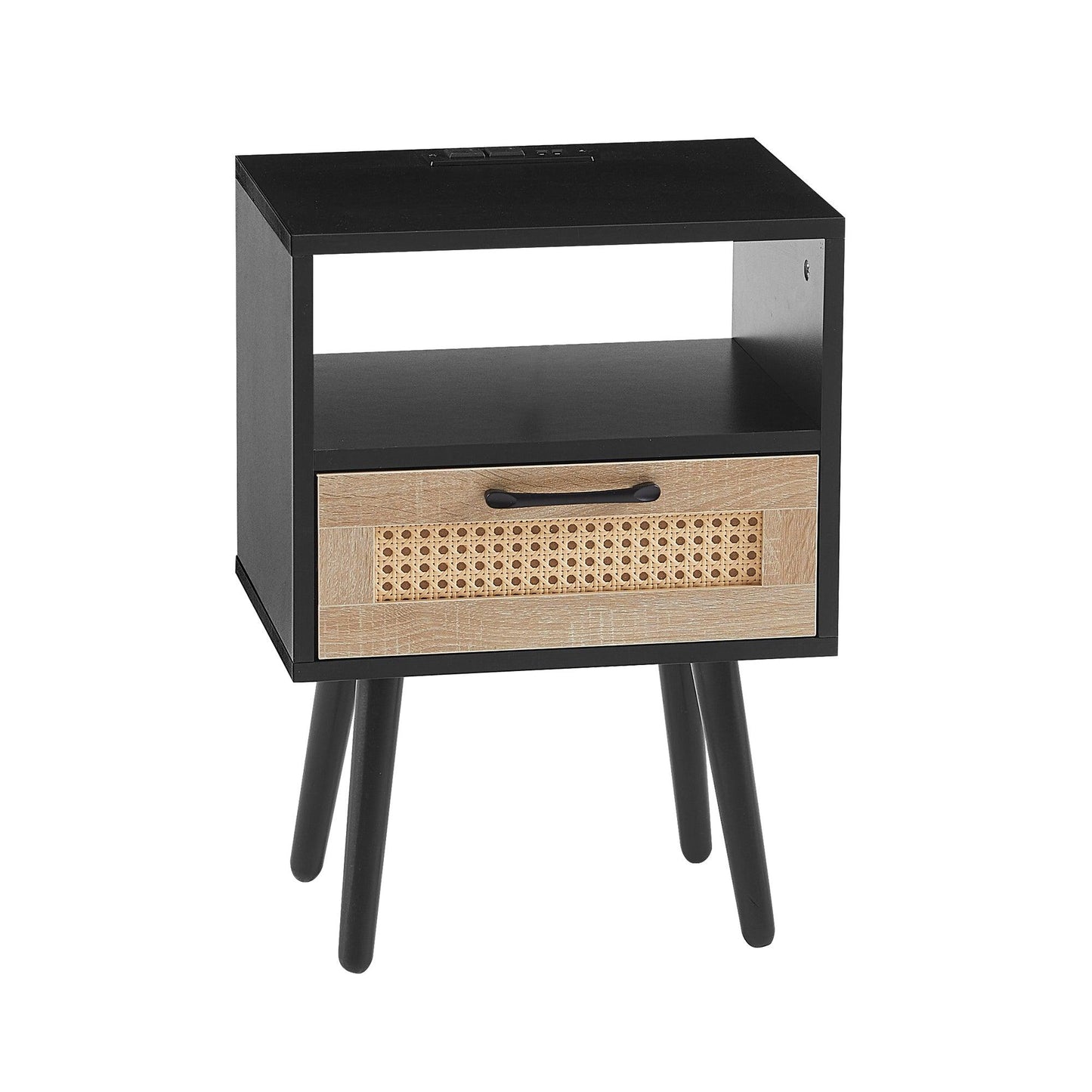 15.75" Rattan End table with Power Outlet & USB Ports Modern nightstand with drawer and solid wood legs black - FurniFindUSA