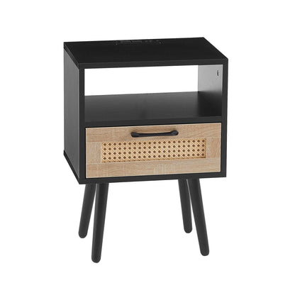 15.75" Rattan End table with Power Outlet & USB Ports Modern nightstand with drawer and solid wood legs black - FurniFindUSA