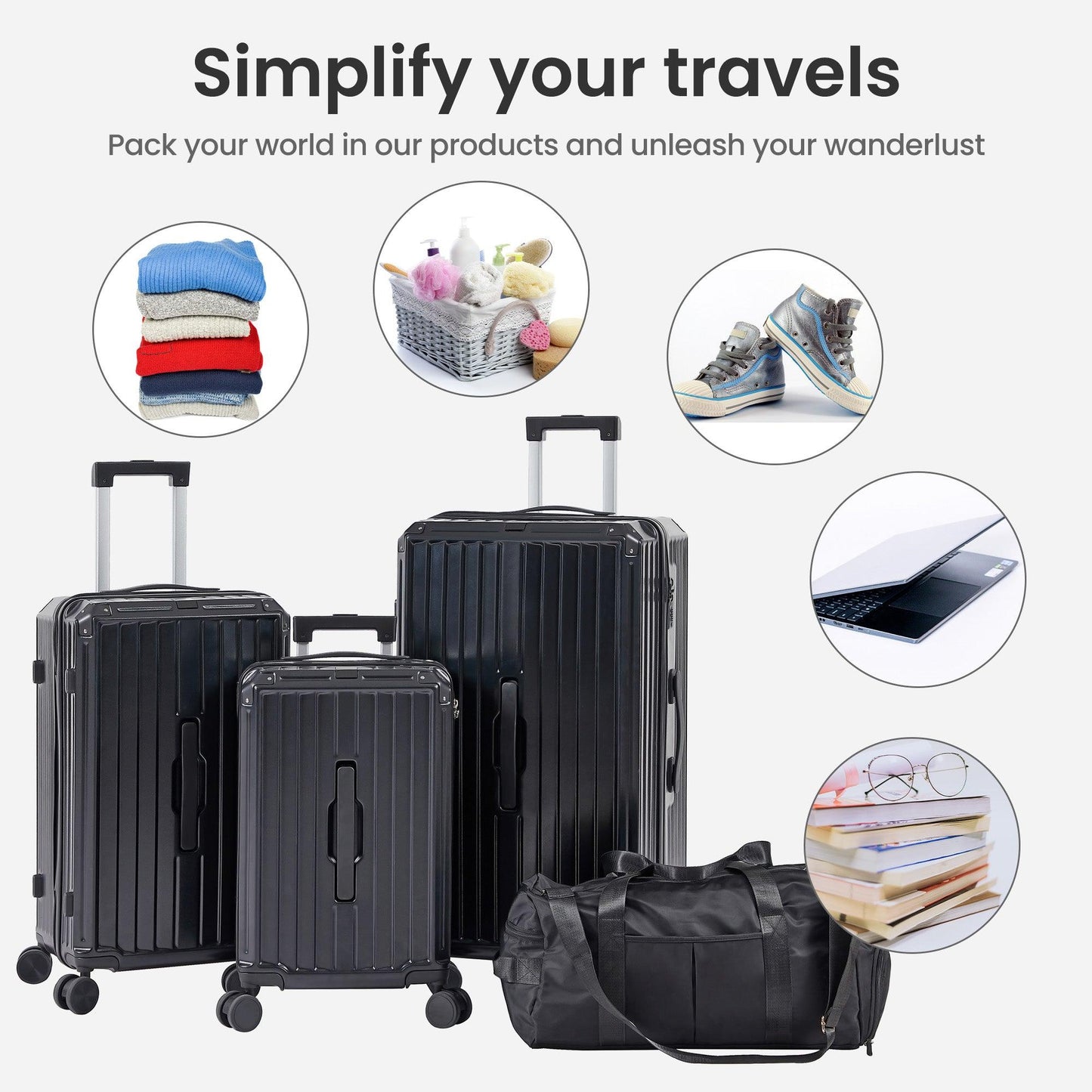 Luggage Set 4 pcs (20"/24"/29"/Travel Bag), PC+ABS Durable Lightweight Luggage with Collapsible Cup Holder TSA Lock, Black - FurniFindUSA