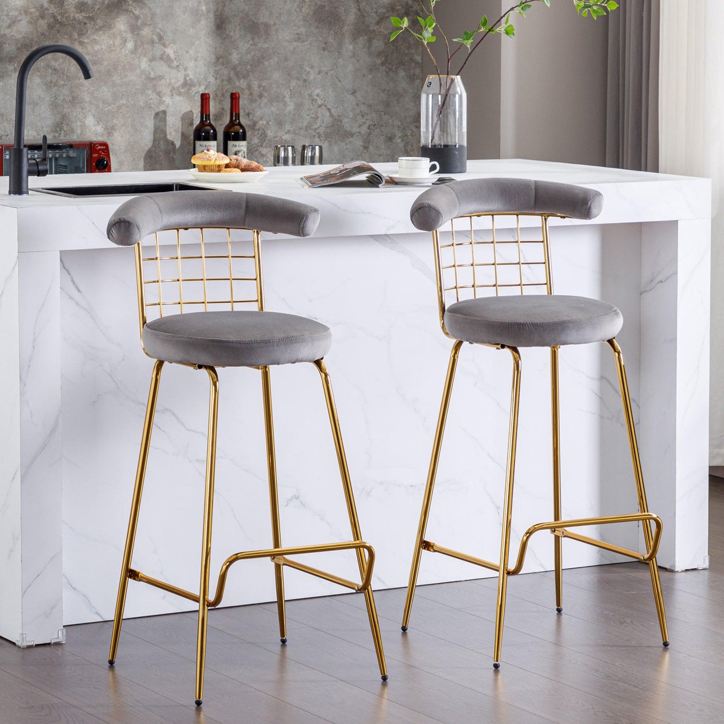 Bar Stool Set of 2 Luxury Velvet High Bar Stool with Metal Legs and Soft Back Grey - FurniFindUSA