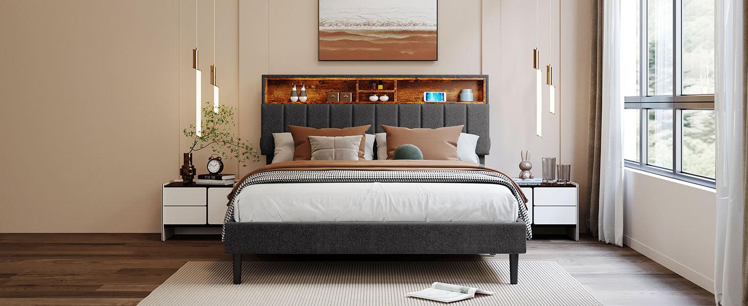 Queen Size Upholstered Platform Bed with Storage Headboard and USB Port Linen Fabric Upholstered Bed (Gray) - FurniFindUSA