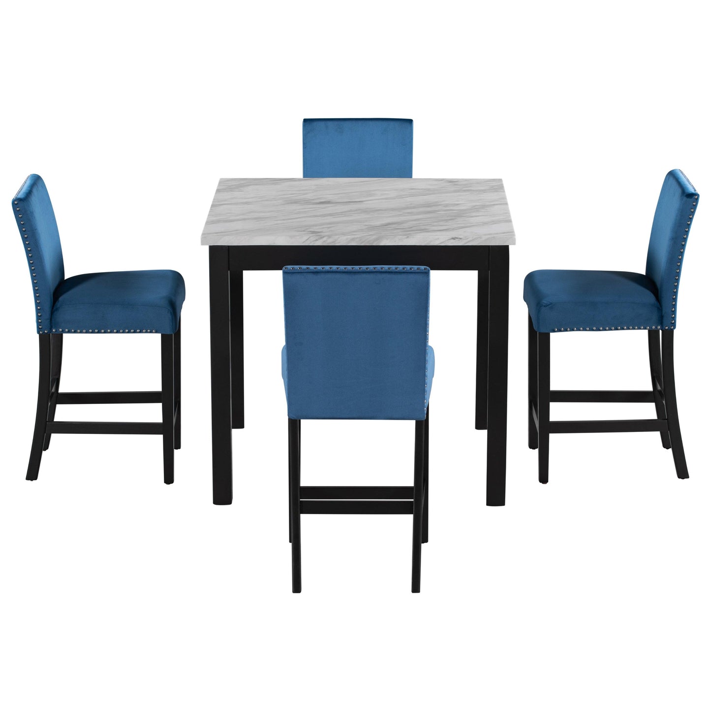 5-piece Counter Height Dining Table Set with One Faux Marble Dining Table and Four Upholstered-Seat Chairs Blue - FurniFindUSA