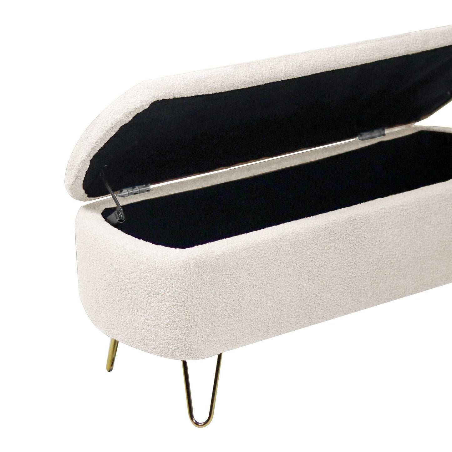 Ivory White Storage Ottoman Bench for End of Bed Gold Legs - FurniFindUSA