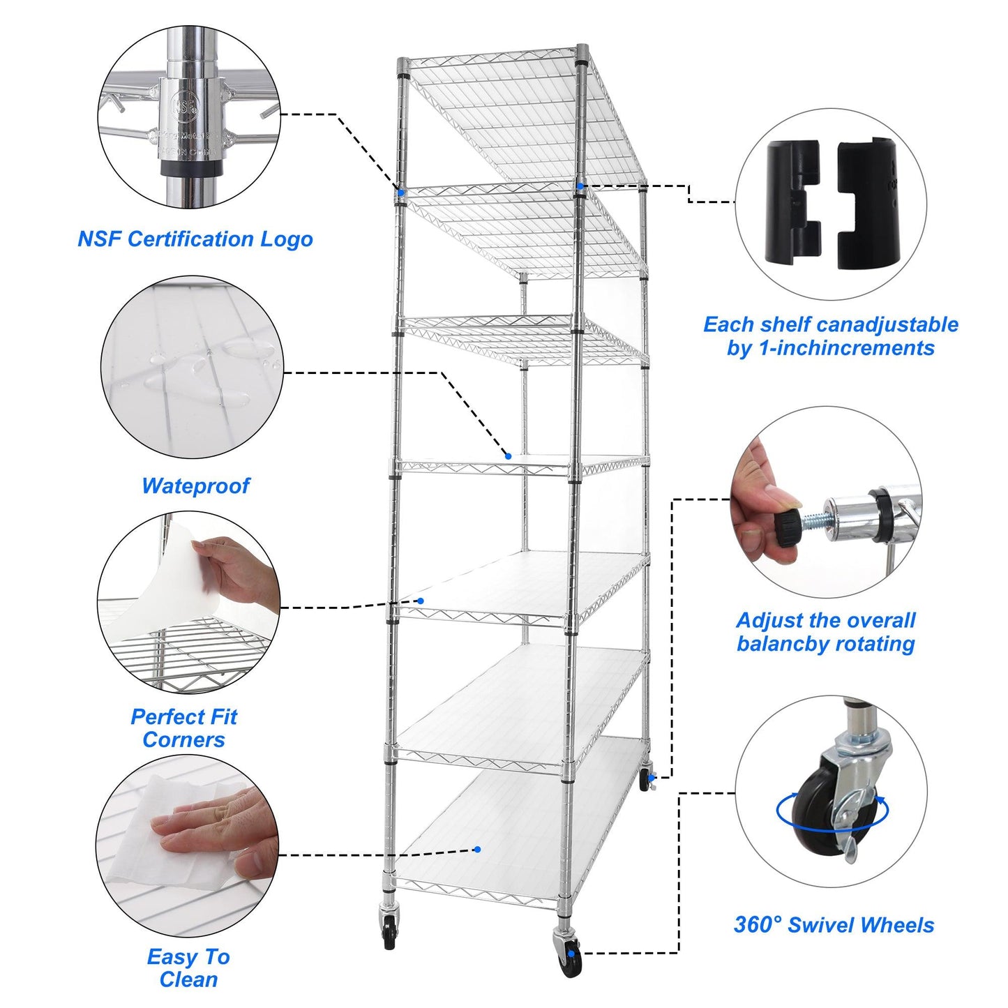 7 Tier Wire Shelving Unit 2450 LBS NSF Height Adjustable Metal Garage Storage Shelves with Wheels Chrome - FurniFindUSA