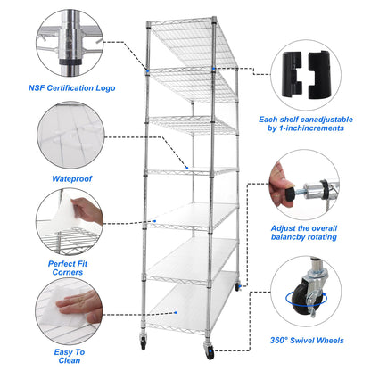 7 Tier Wire Shelving Unit 2450 LBS NSF Height Adjustable Metal Garage Storage Shelves with Wheels Chrome - FurniFindUSA