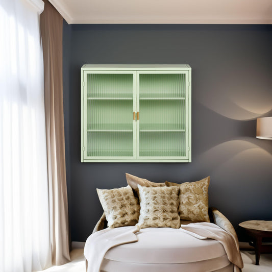 27.56"Glass Doors Modern Two-door Wall Cabinet with Featuring Three-tier Storage Mint Green - FurniFindUSA