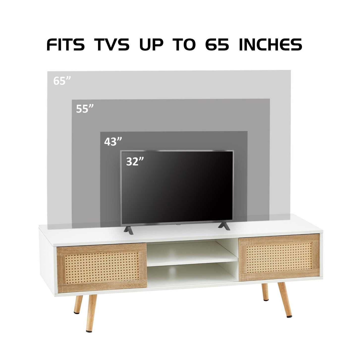 55.12" Rattan TV cabinet double sliding doors for storage adjustable shelf solid wood legs TV console for living room White - FurniFindUSA