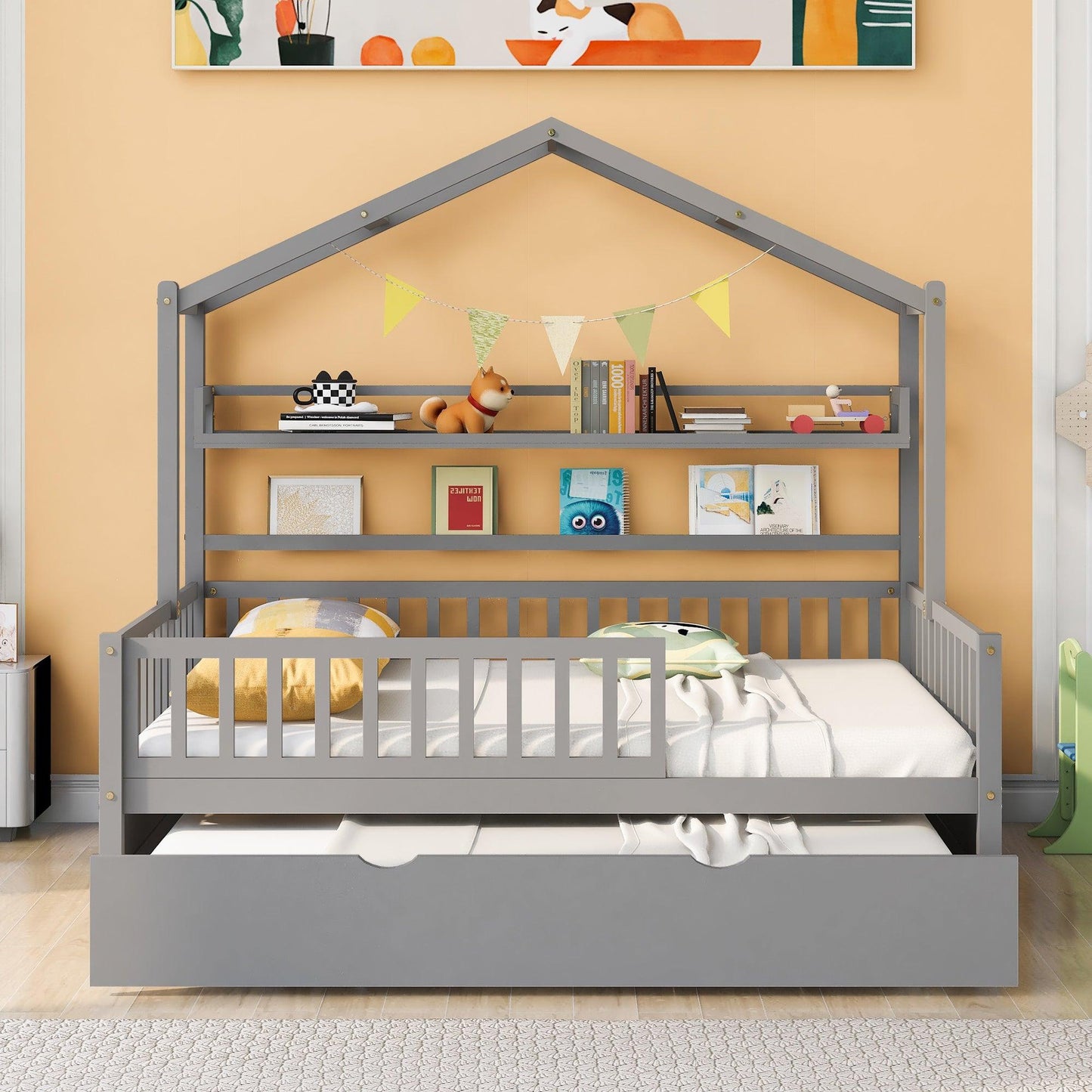 Wooden Full Size House Bed with Twin Size Trundle Kids Bed with Shelf Gray - FurniFindUSA