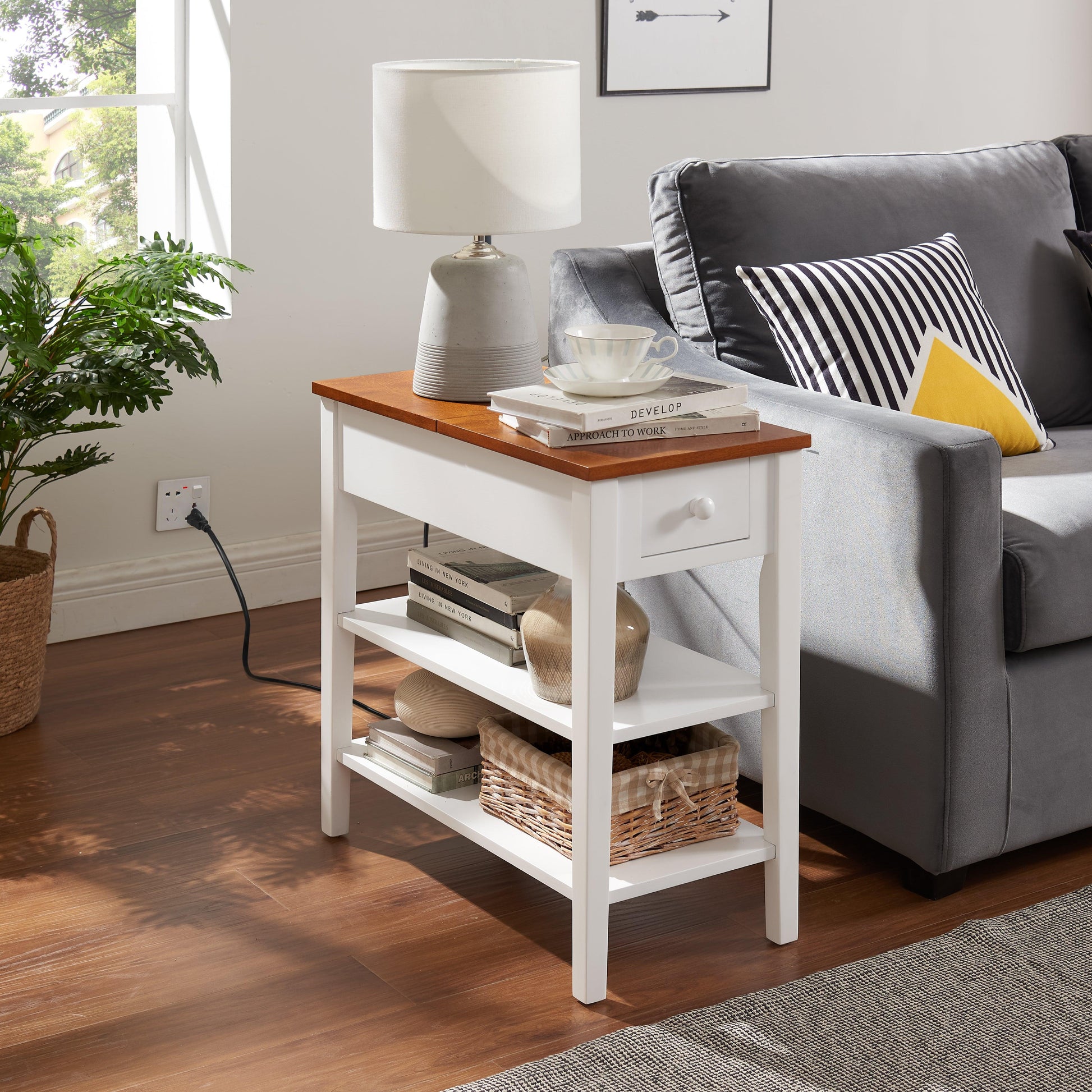 Narrow 2-tone End Table with USB Charging Ports for Small Space SOLID WOOD Table Legs White and Walnut 11.8"W*24"D*24.2"H - FurniFindUSA