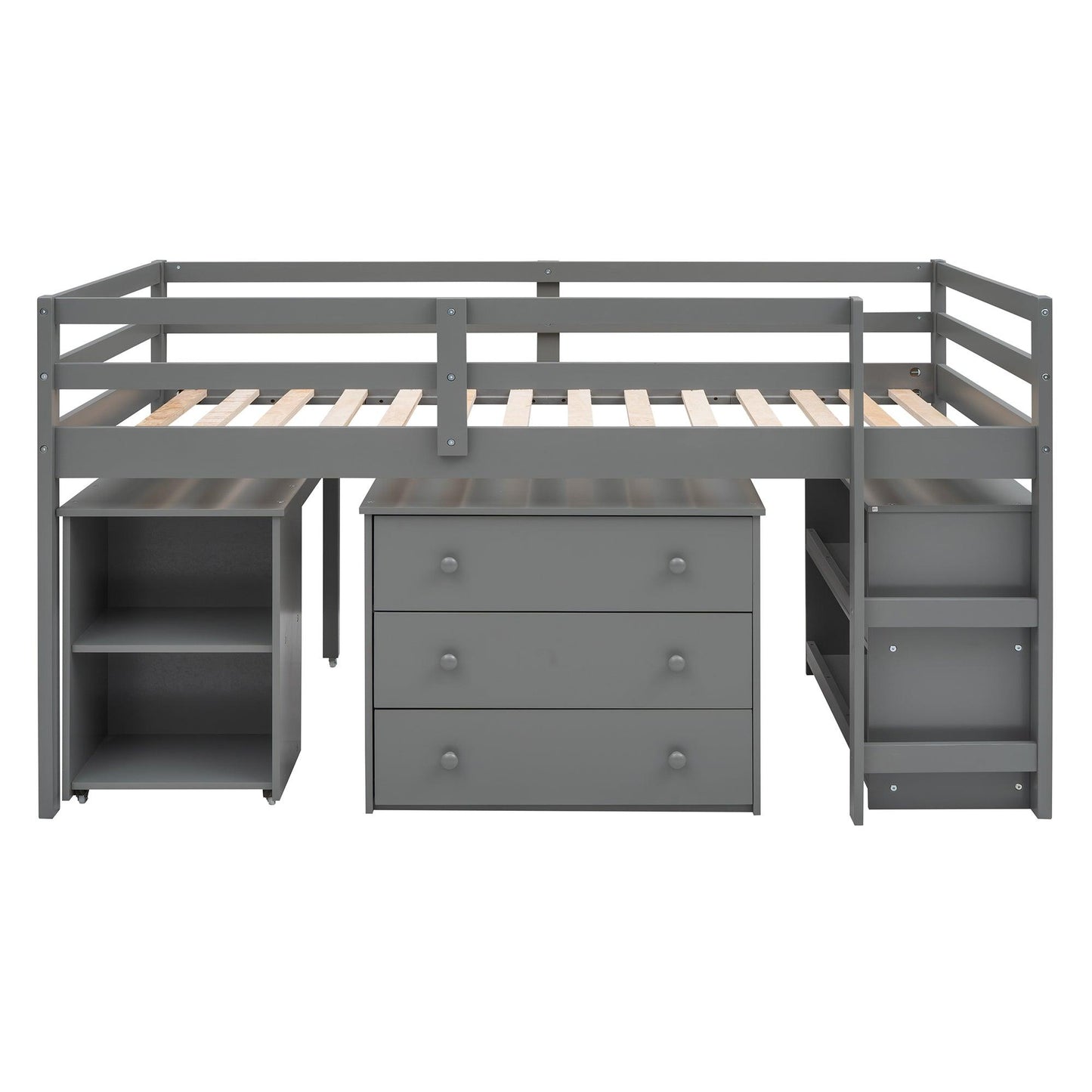 Low Study Twin Loft Bed with Cabinet and Rolling Portable Desk - Gray - FurniFindUSA