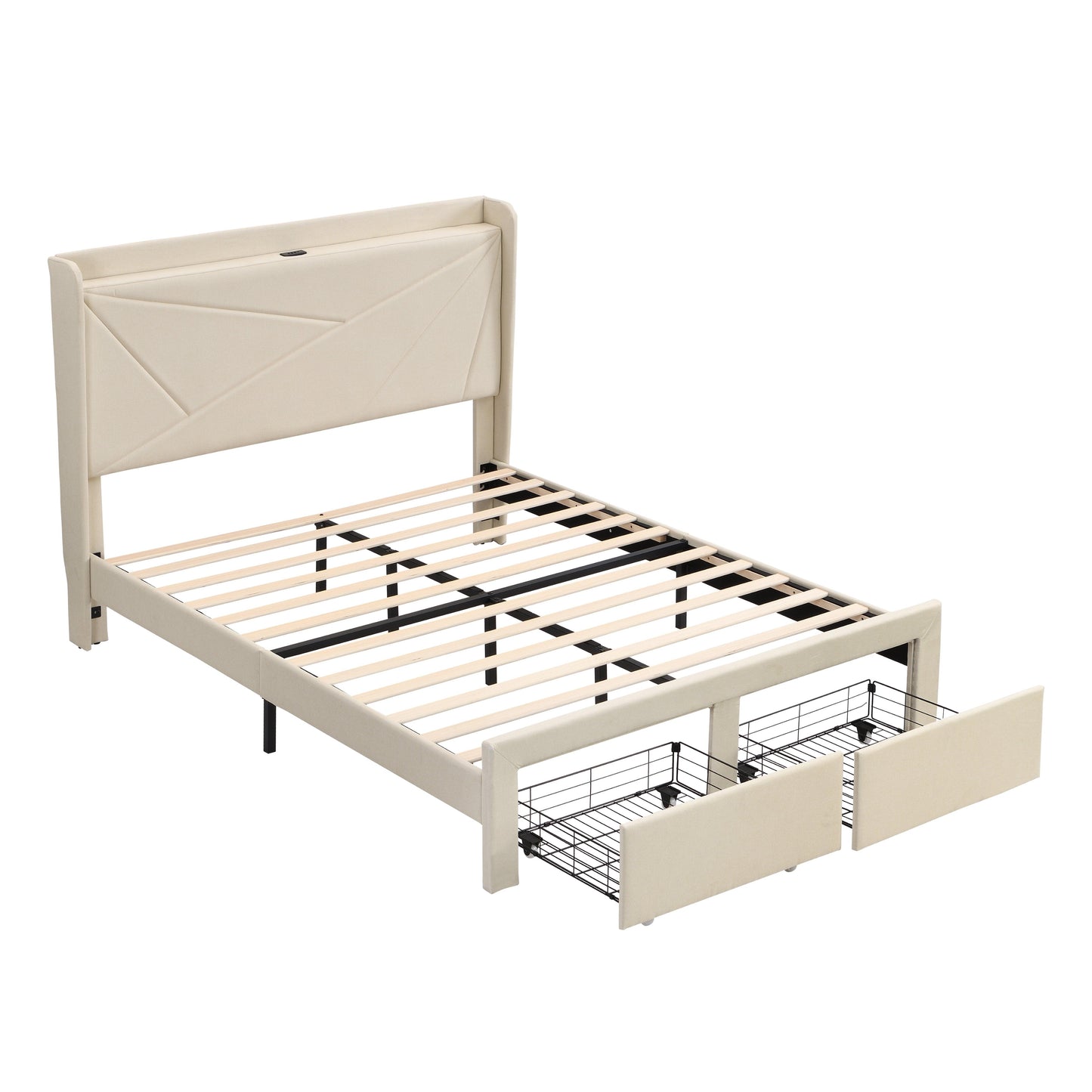 Full Size Bed Frame with 2 Storage Drawers Upholstered Bed Frame Beige - FurniFindUSA