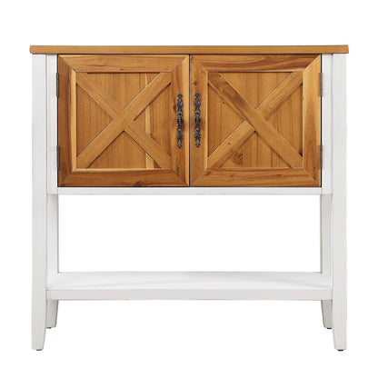 35''Farmhouse Wood Buffet Sideboard Console Table (Antique White + Natural Acacia Top & Door) - FurniFindUSA