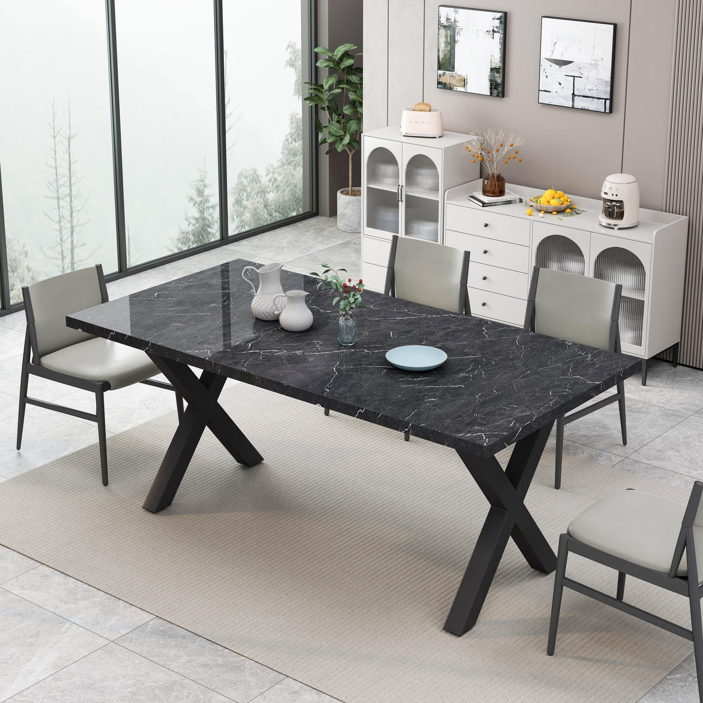 70.87"Modern Square Dining Table with Printed Black Marble Table Top+Black X-Shape Table Leg - FurniFindUSA