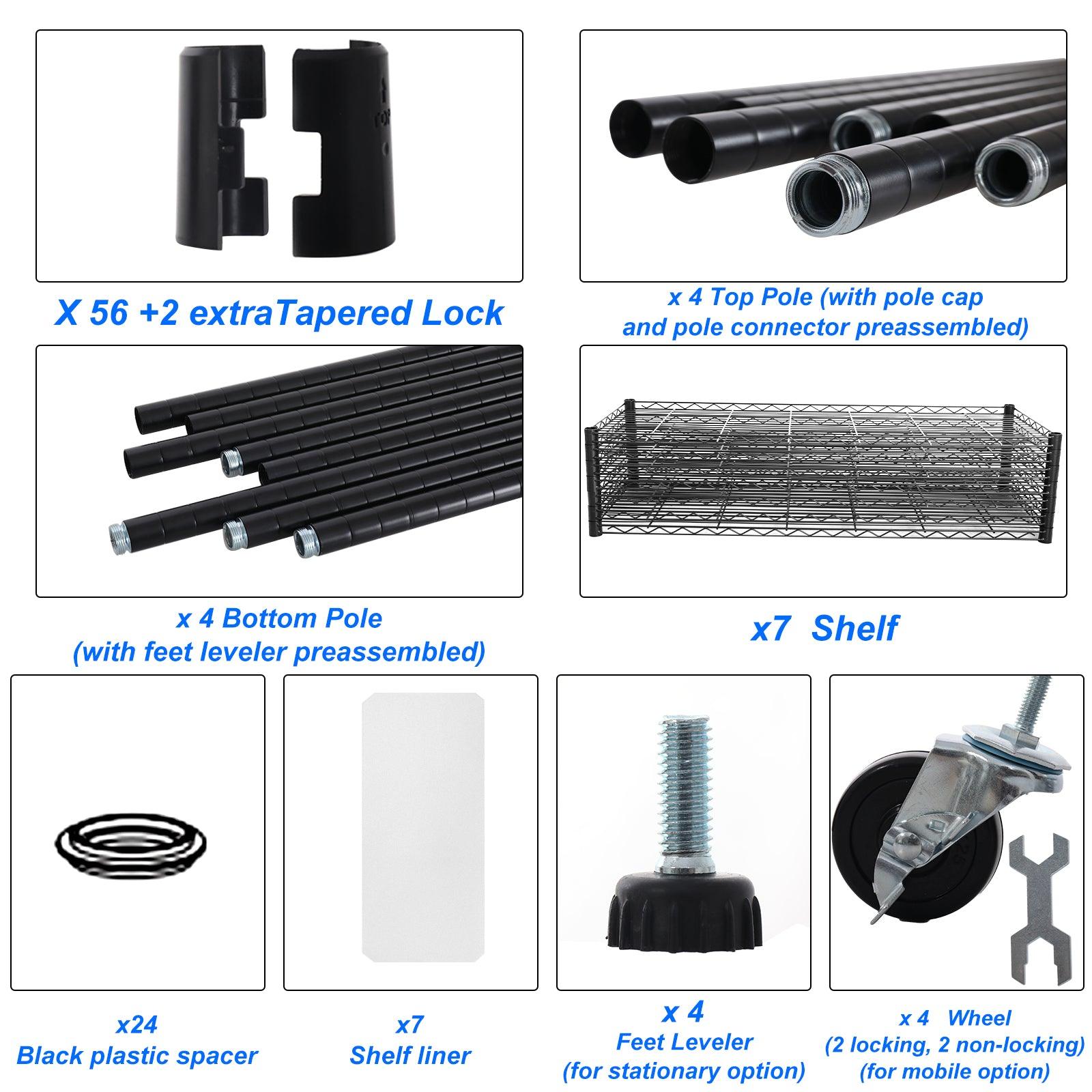 7 Tier Wire Shelving Unit 2450 LBS NSF Height Adjustable Metal Garage Storage Shelves with Wheels Black - FurniFindUSA