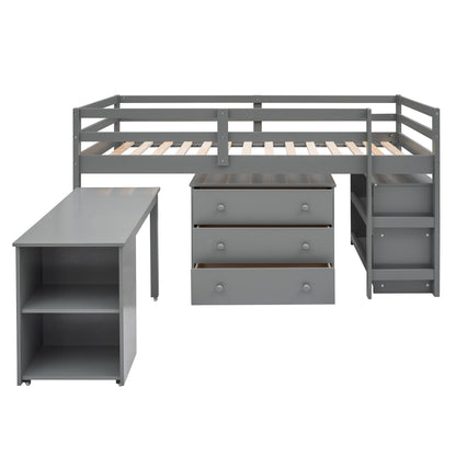 Low Study Twin Loft Bed with Cabinet and Rolling Portable Desk - Gray - FurniFindUSA