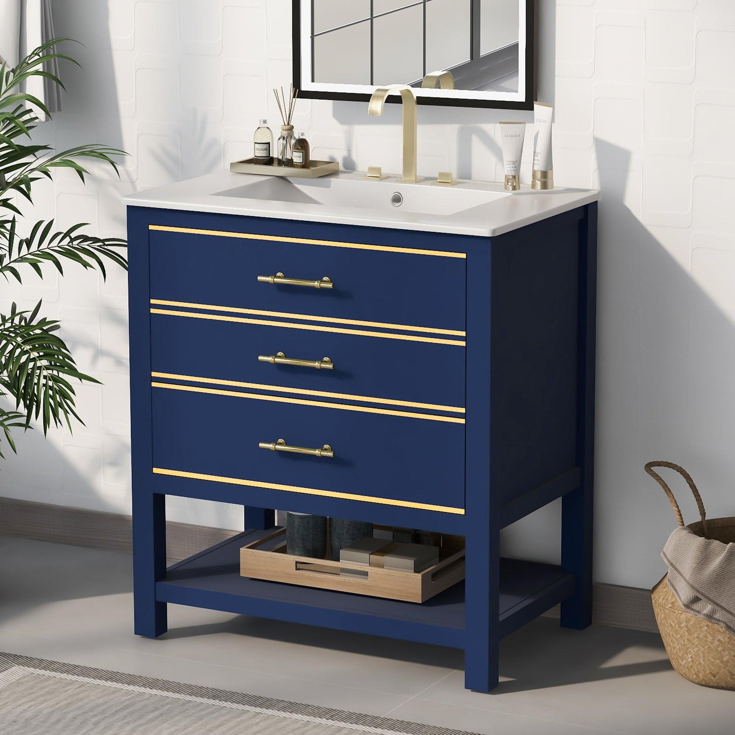 [Viedo]Modern 30inch Navy Blue/White Bathroom Vanity Cabinet Combo with Open Storge, Two Drawers - FurniFindUSA