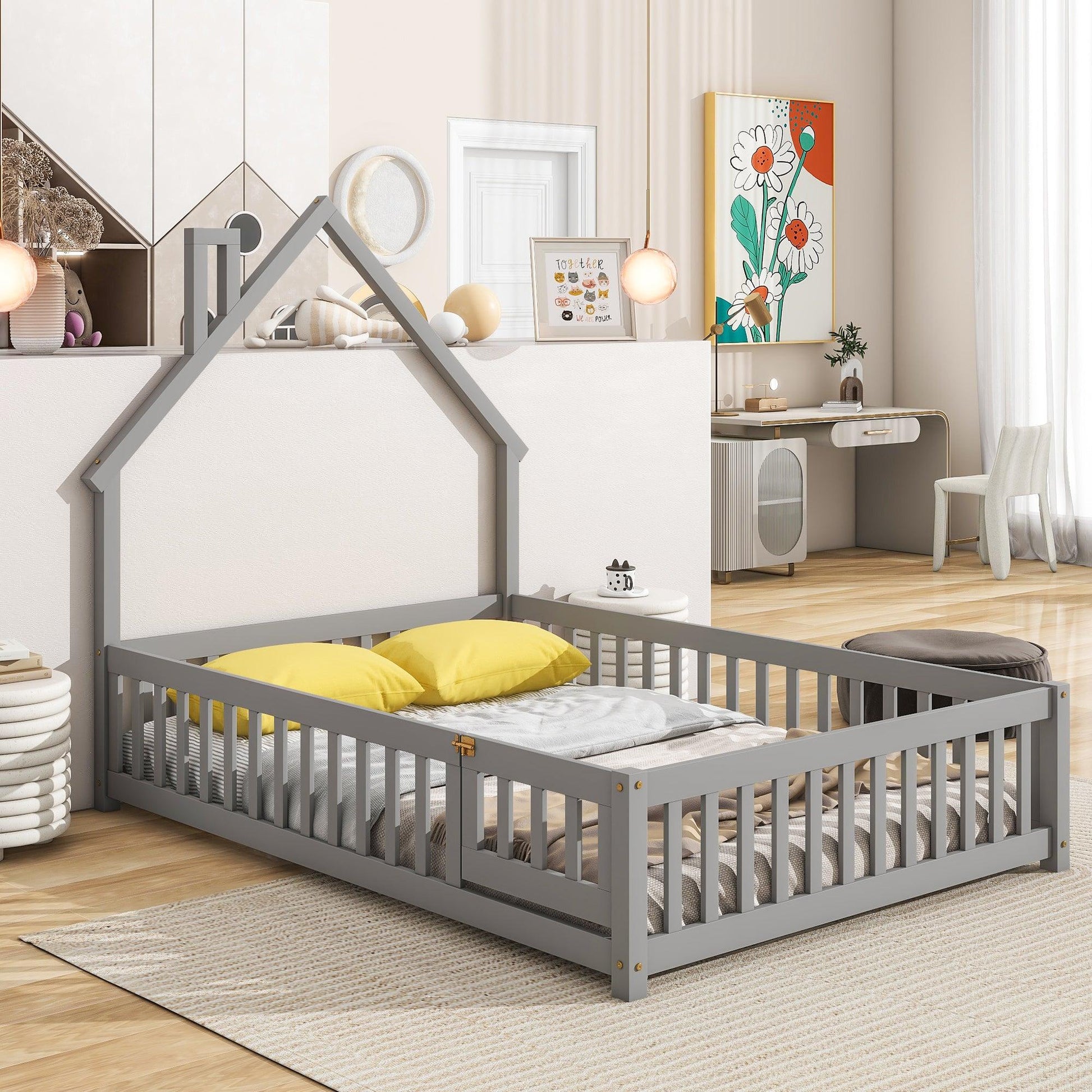 Full House-Shaped Headboard Floor Bed with Fence Grey - FurniFindUSA