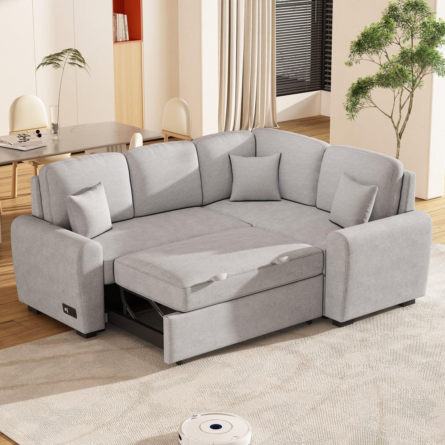 87.4"Sectional Sleeper Sofa with USB Charging Port and Plug Outlet Pull-Out Sofa Bed with 3 Pillows Grey - FurniFindUSA