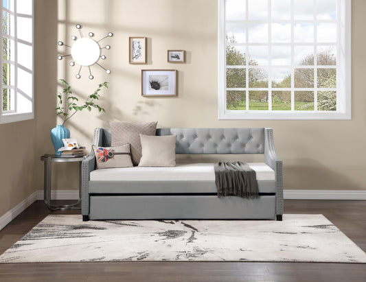 Daybed with Trundle Upholstered Tufted Sofa Bed with Button and Copper Nail on Arms full Size - FurniFindUSA