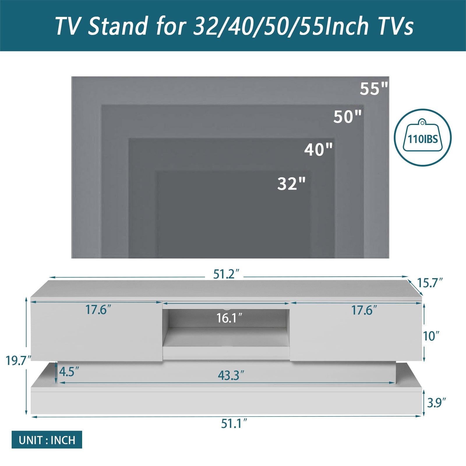 51.18inch WHITE morden TV Stand with LED Lights high glossy front TV Cabinet color:WHITE - FurniFindUSA