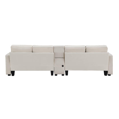 114.2" Upholstered Sofa with Console 2 Cupholders and 2 USB Ports Wired or Wirelessly Charged (4-Seat) - FurniFindUSA