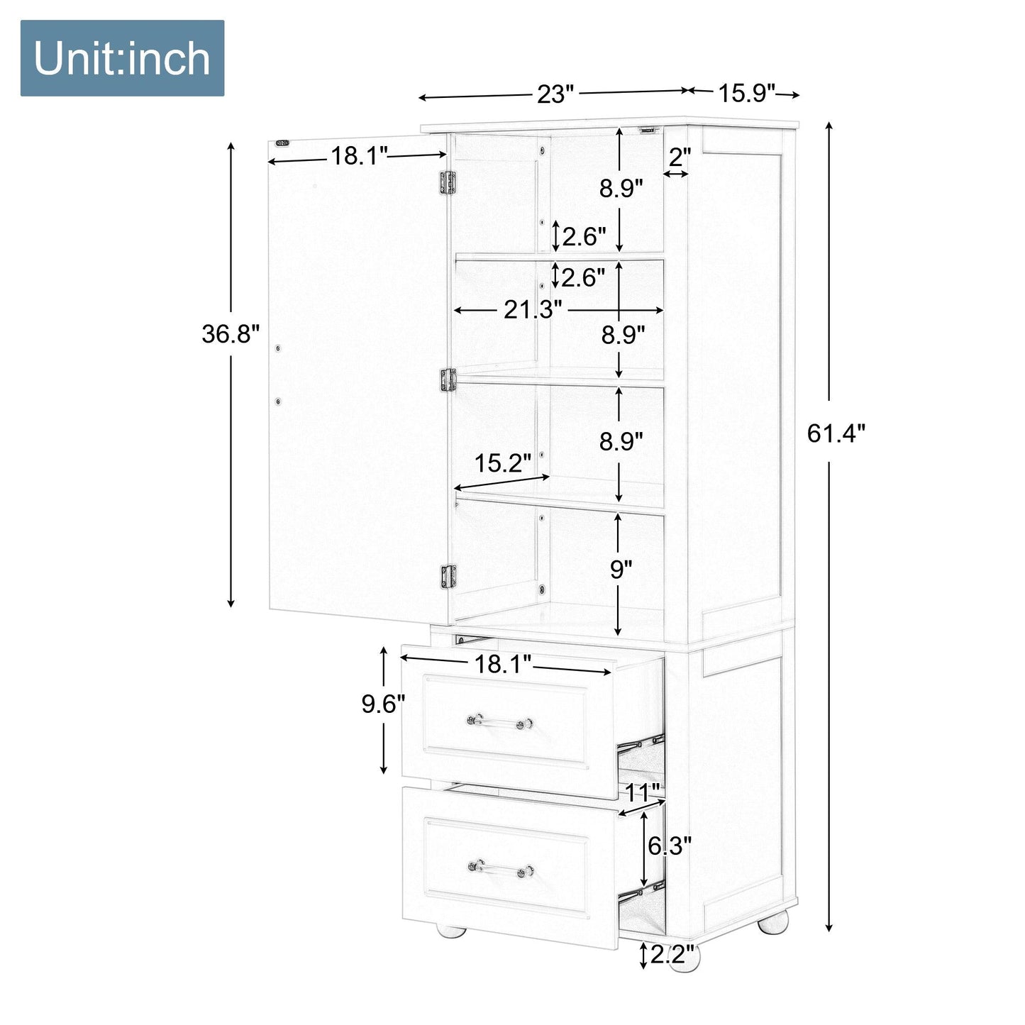 Tall bathroom storage cabinet with two drawers and adjustable shelves for independent storage - FurniFindUSA