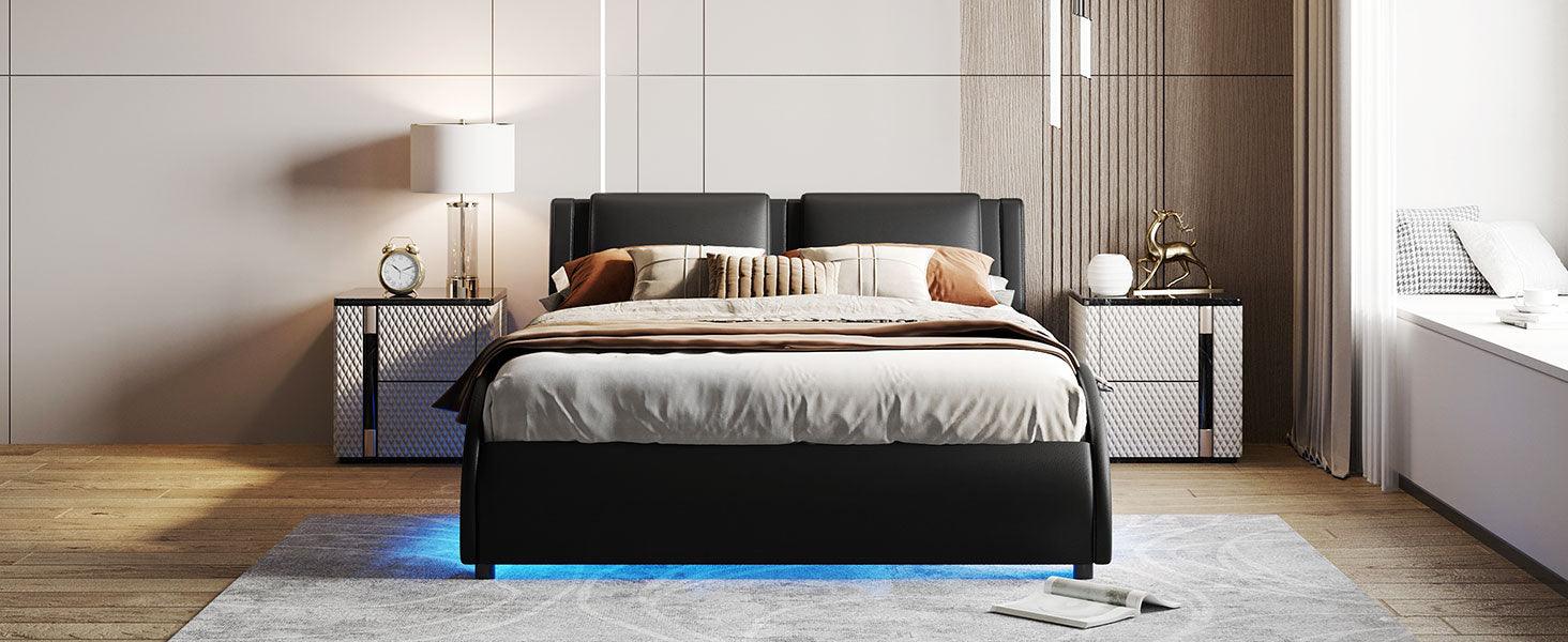 Queen Size Upholstered Faux Leather Platform Bed with LED Light Bed Frame with Slatted - Black - FurniFindUSA