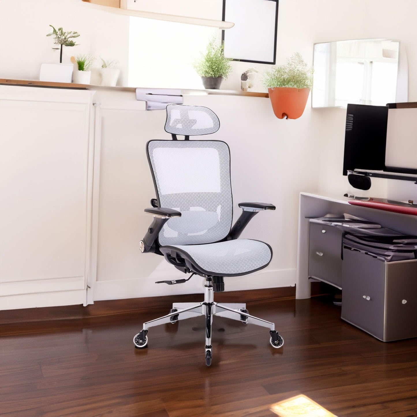 WHITE Ergonomic Mesh Office Chair High Back - Adjustable Headrest with Flip-Up Arms - FurniFindUSA