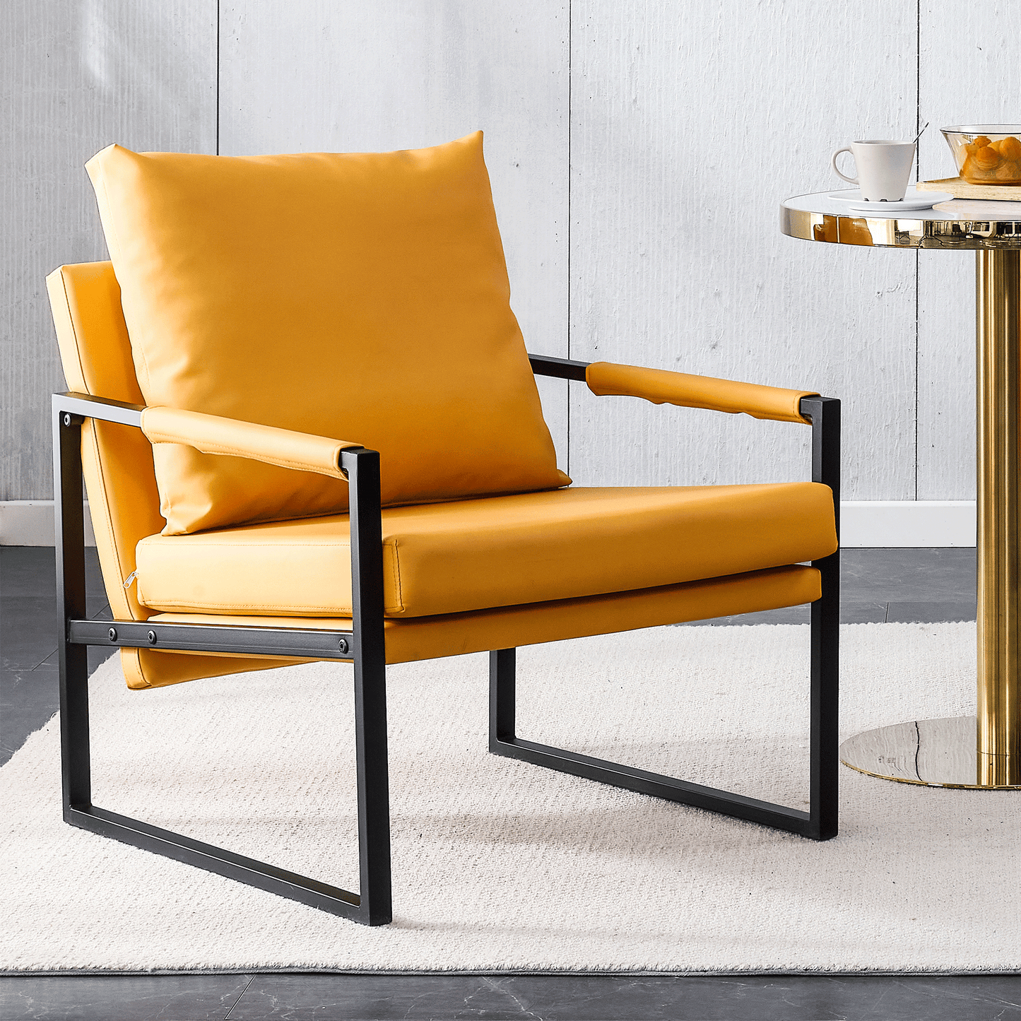 PU Leather Accent Arm Chair Mid Century Upholstered Armchair with Metal Frame Extra-Thick Padded Backrest - FurniFindUSA