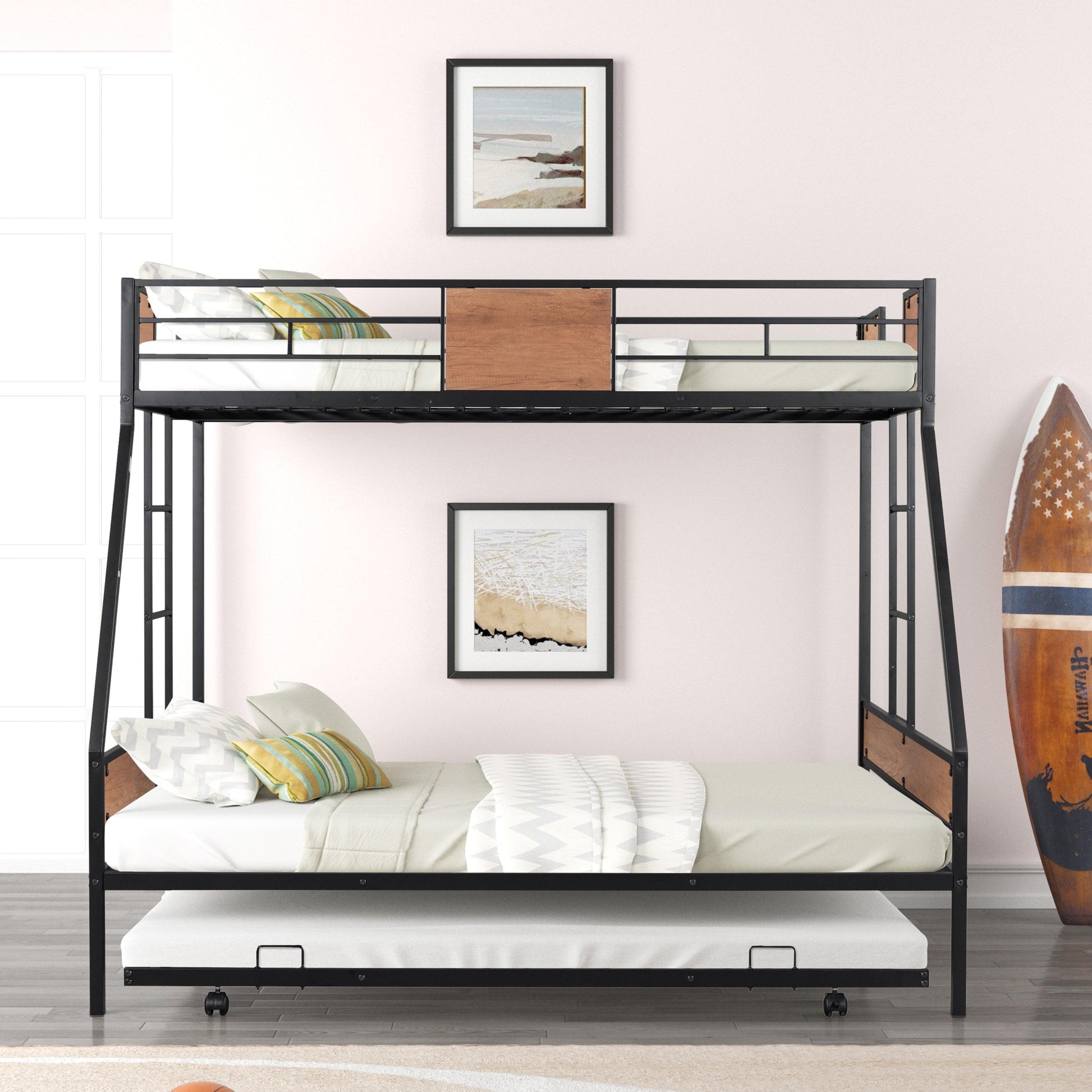 Metal Twin over Full Bunk Bed with Trundle/ Heavy-duty Sturdy Metal - FurniFindUSA