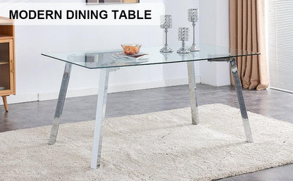 A modern minimalist rectangular glass dining table with tempered glass tabletop and silver metal legs - FurniFindUSA