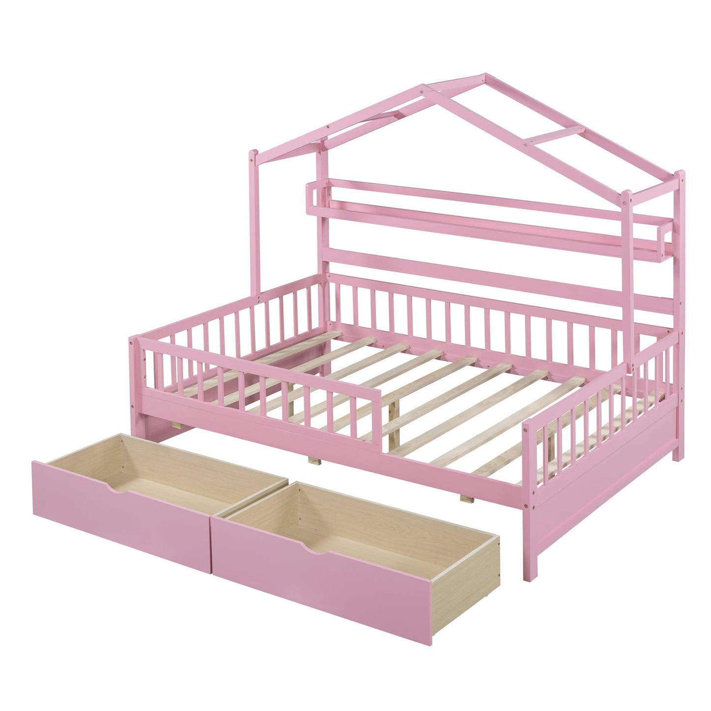 Wooden Full Size House Bed with 2 Drawers Kids Bed with Storage Shelf Pink - FurniFindUSA