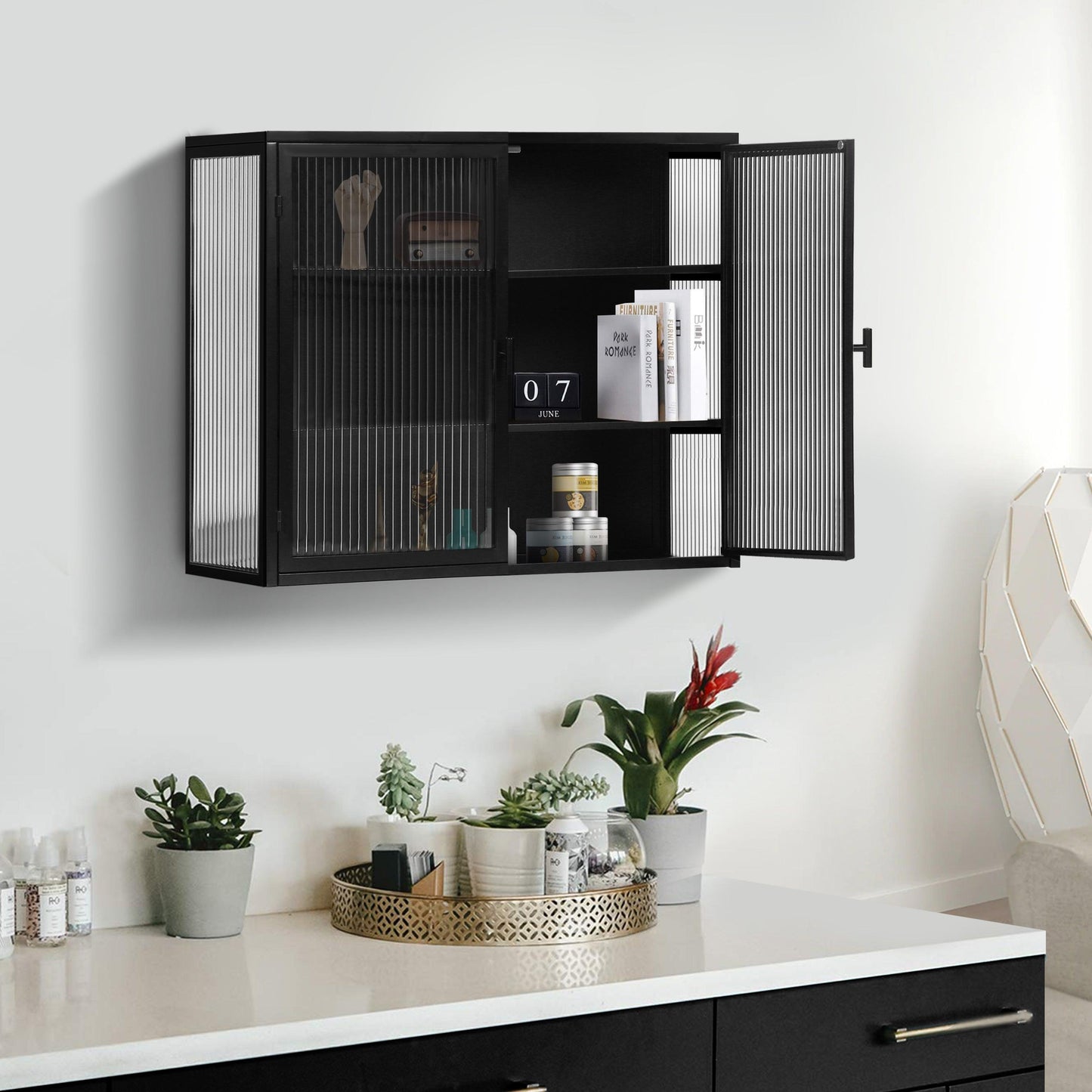 27.56"Glass Doors Modern Two-door Wall Cabinet with Featuring Three-tier Black - FurniFindUSA